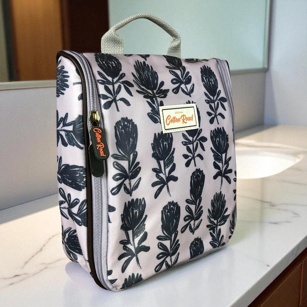 GREY Cotton Road PVC Hanging Vanity Bag with PROTEAS