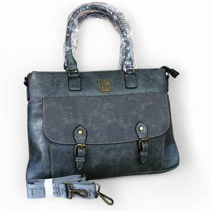 GREY Lace Print Cotton Road PU Leather Laptop Bag