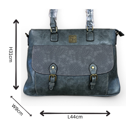 GREY Lace Print Cotton Road PU Leather Laptop Bag