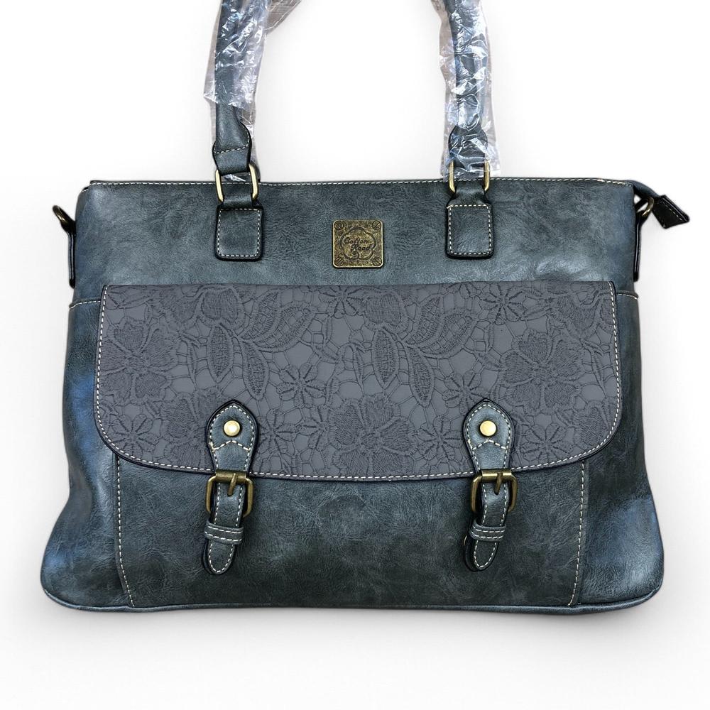 GREY Lace Print Cotton Road PU Leather Laptop Bag