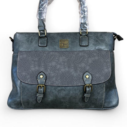 GREY Lace Print Cotton Road PU Leather Laptop Bag