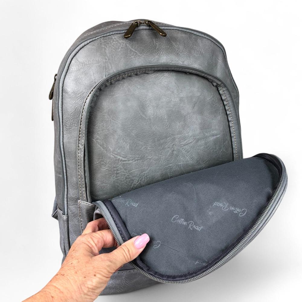 GREY PU Leather Cotton Road Backpack with FLORAL detailing