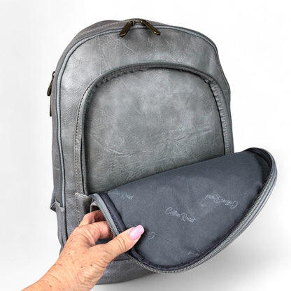 GREY PU Leather Cotton Road Backpack with FLORAL detailing