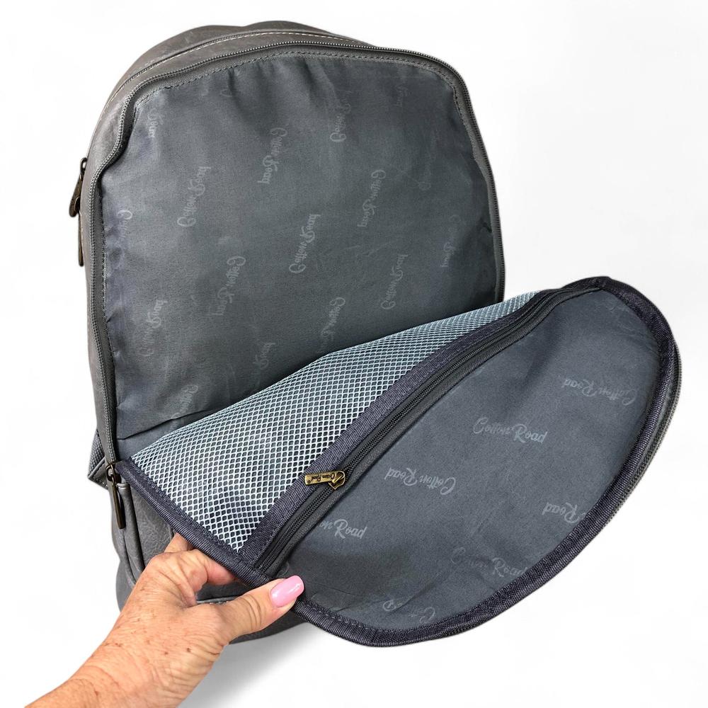 GREY PU Leather Cotton Road Backpack with FLORAL detailing