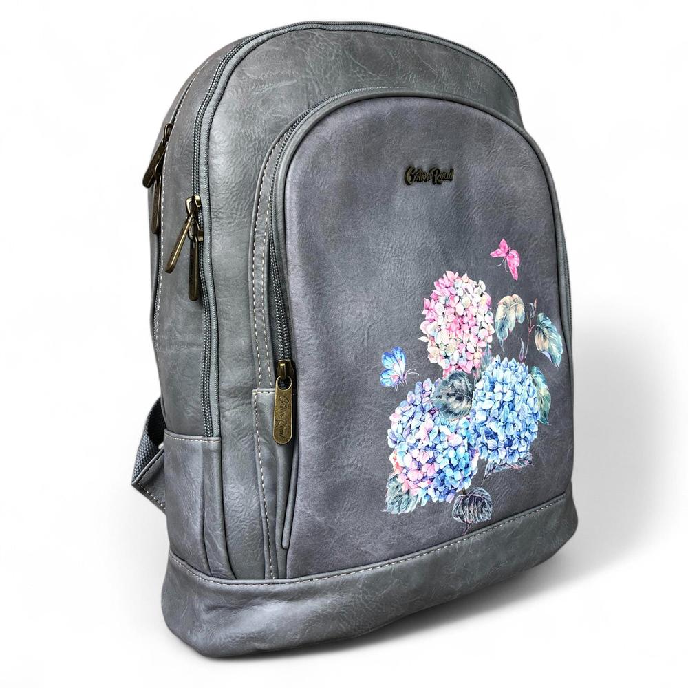 GREY PU Leather Cotton Road Backpack with FLORAL detailing