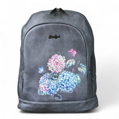 GREY PU Leather Cotton Road Backpack with FLORAL detailing