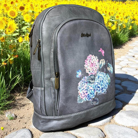GREY PU Leather Cotton Road Backpack with FLORAL detailing