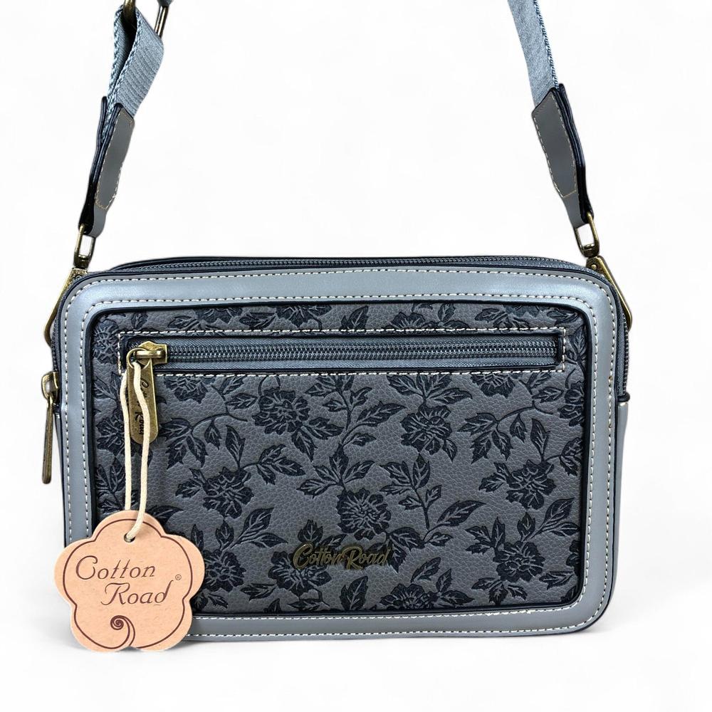 GREY PU Leather Cotton Road Sling Bag with FLORAL Panel
