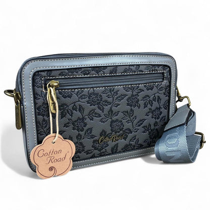 GREY PU Leather Cotton Road Sling Bag with FLORAL Panel