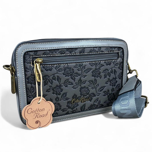 GREY PU Leather Cotton Road Sling Bag with FLORAL Panel