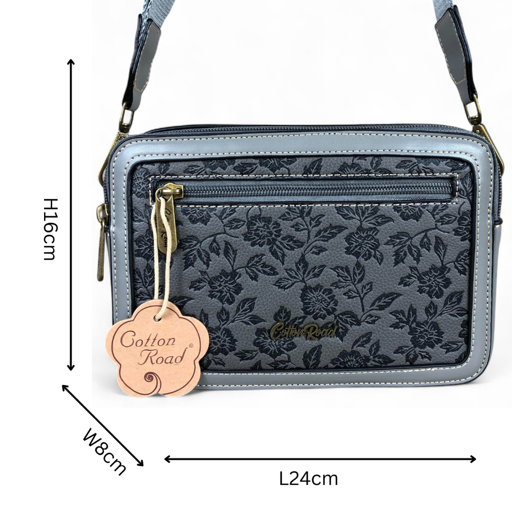 GREY PU Leather Cotton Road Sling Bag with FLORAL Panel