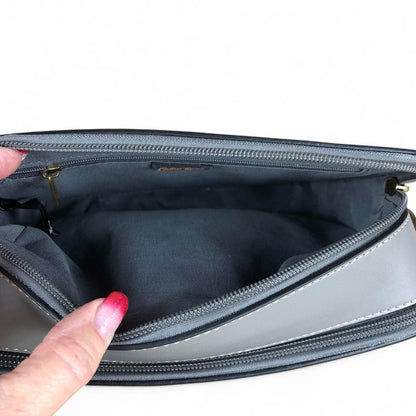 GREY PU Leather Cotton Road Sling Bag with FLORAL Panel