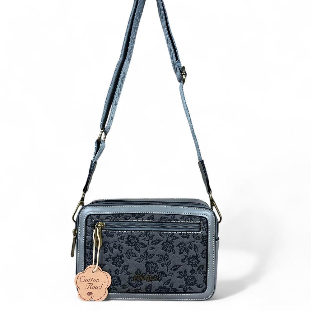 GREY PU Leather Cotton Road Sling Bag with FLORAL Panel