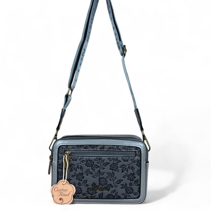 GREY PU Leather Cotton Road Sling Bag with FLORAL Panel