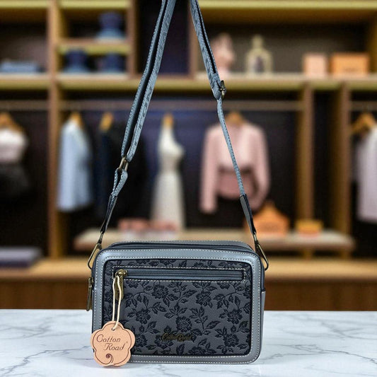 GREY PU Leather Cotton Road Sling Bag with FLORAL Panel