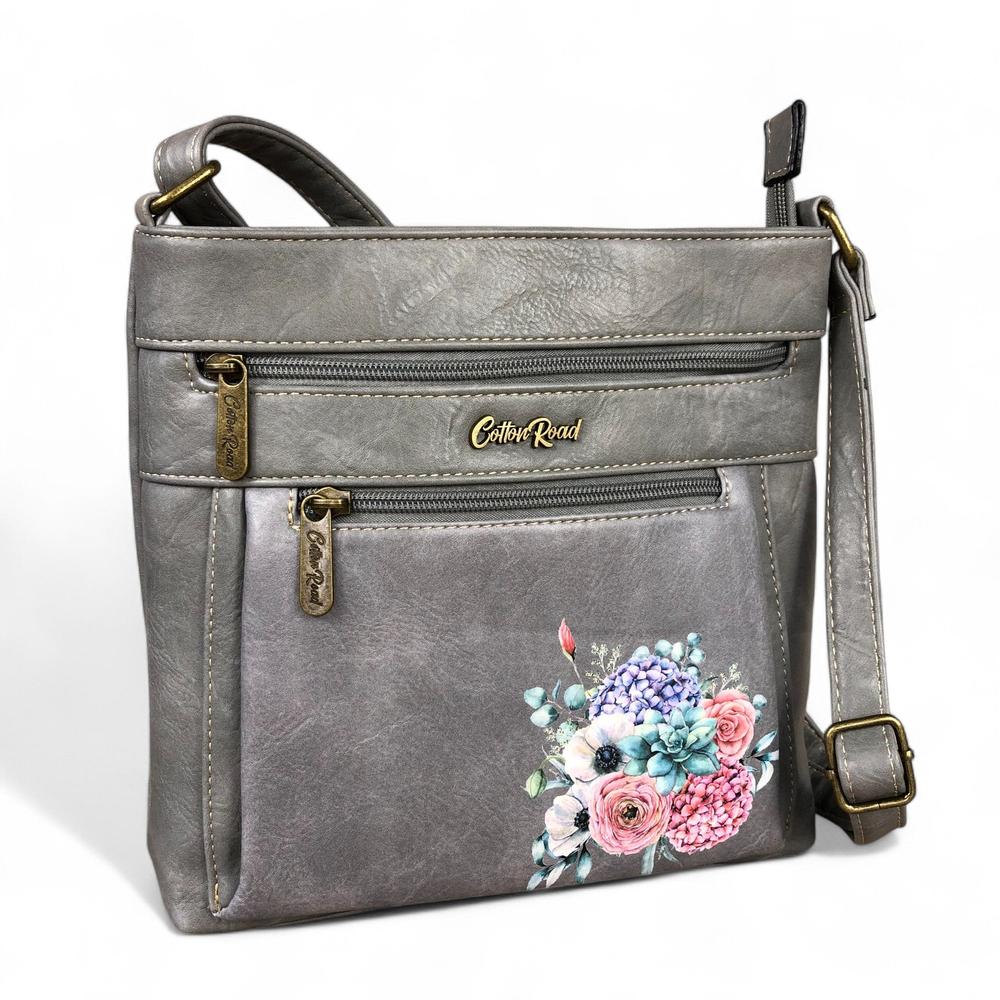 GREY PU Leather Cotton Road Sling Bag with FLORAL detailing