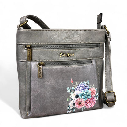GREY PU Leather Cotton Road Sling Bag with FLORAL detailing