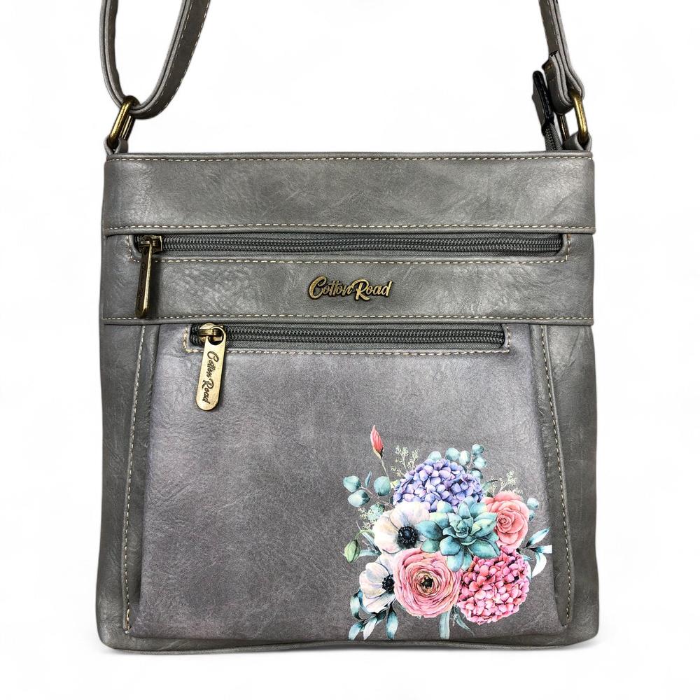 GREY PU Leather Cotton Road Sling Bag with FLORAL detailing