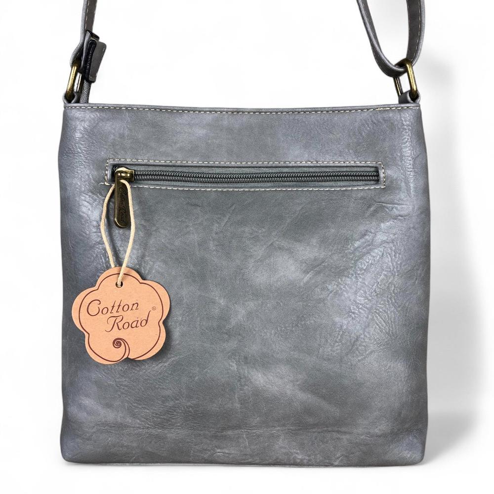 GREY PU Leather Cotton Road Sling Bag with FLORAL detailing
