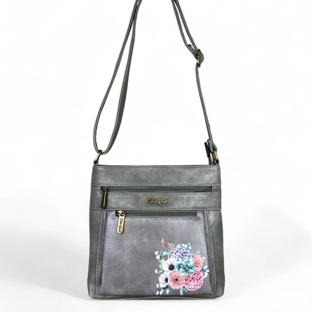 GREY PU Leather Cotton Road Sling Bag with FLORAL detailing