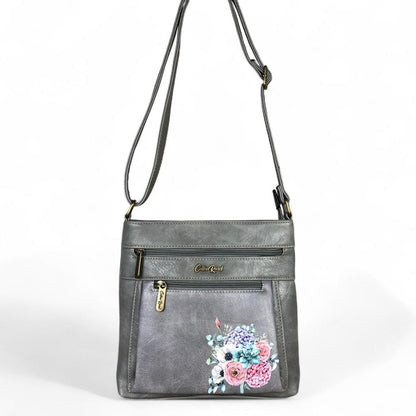 GREY PU Leather Cotton Road Sling Bag with FLORAL detailing