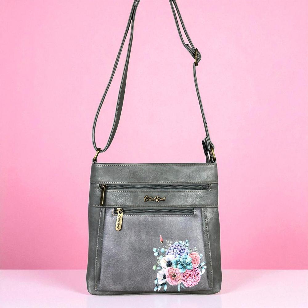 GREY PU Leather Cotton Road Sling Bag with FLORAL detailing