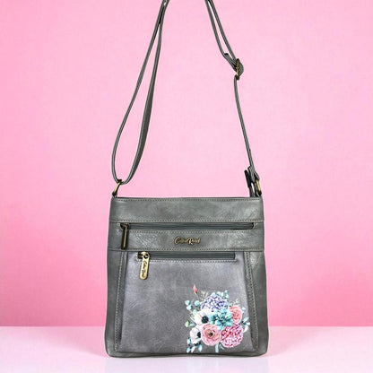 GREY PU Leather Cotton Road Sling Bag with FLORAL detailing