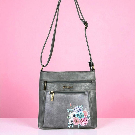 GREY PU Leather Cotton Road Sling Bag with FLORAL detailing