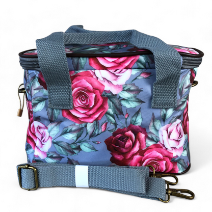 GREY PVC Cotton Road Lunch Box Cooler Bag with ROSES back