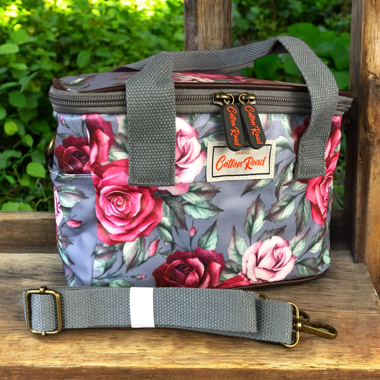 GREY PVC Cotton Road Lunch Box Cooler Bag with ROSES and bands