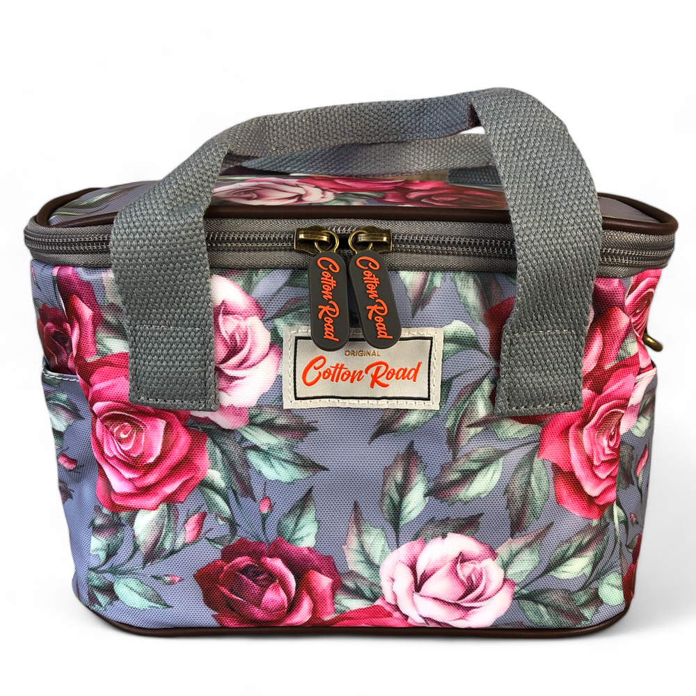 GREY PVC Cotton Road Lunch Box Cooler Bag with ROSES front