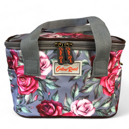 GREY PVC Cotton Road Lunch Box Cooler Bag with ROSES front