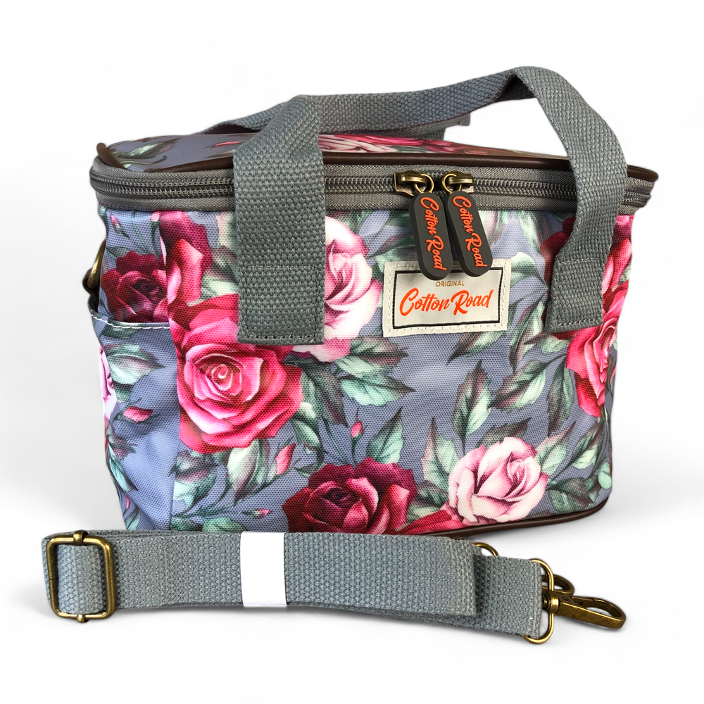 GREY PVC Cotton Road Lunch Box Cooler Bag with ROSES on white
