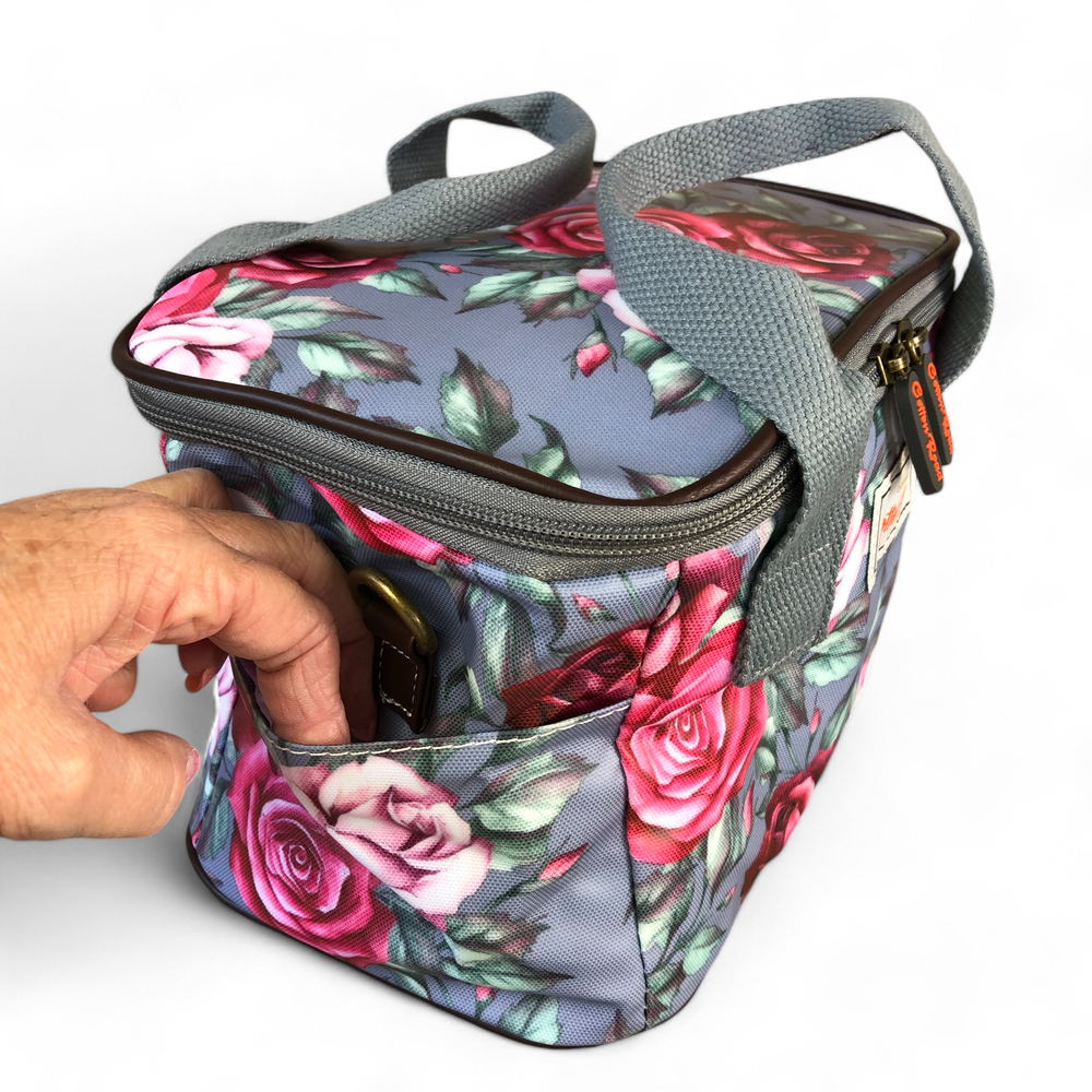 GREY PVC Cotton Road Lunch Box Cooler Bag with ROSES side pocet