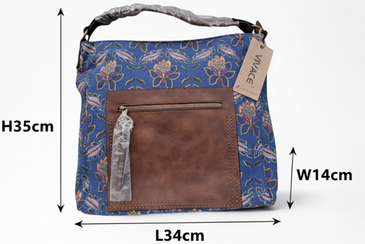 VIVACE Handbag: BLUE Canvas Handbag with MULTICOLOUR FLOWERS and BROWN PU Leather Trim SIZE
