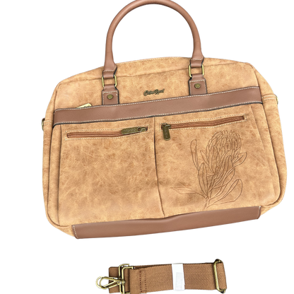 Cotton Road Laptop Bag: BROWN PU Leather with Embossed Protea