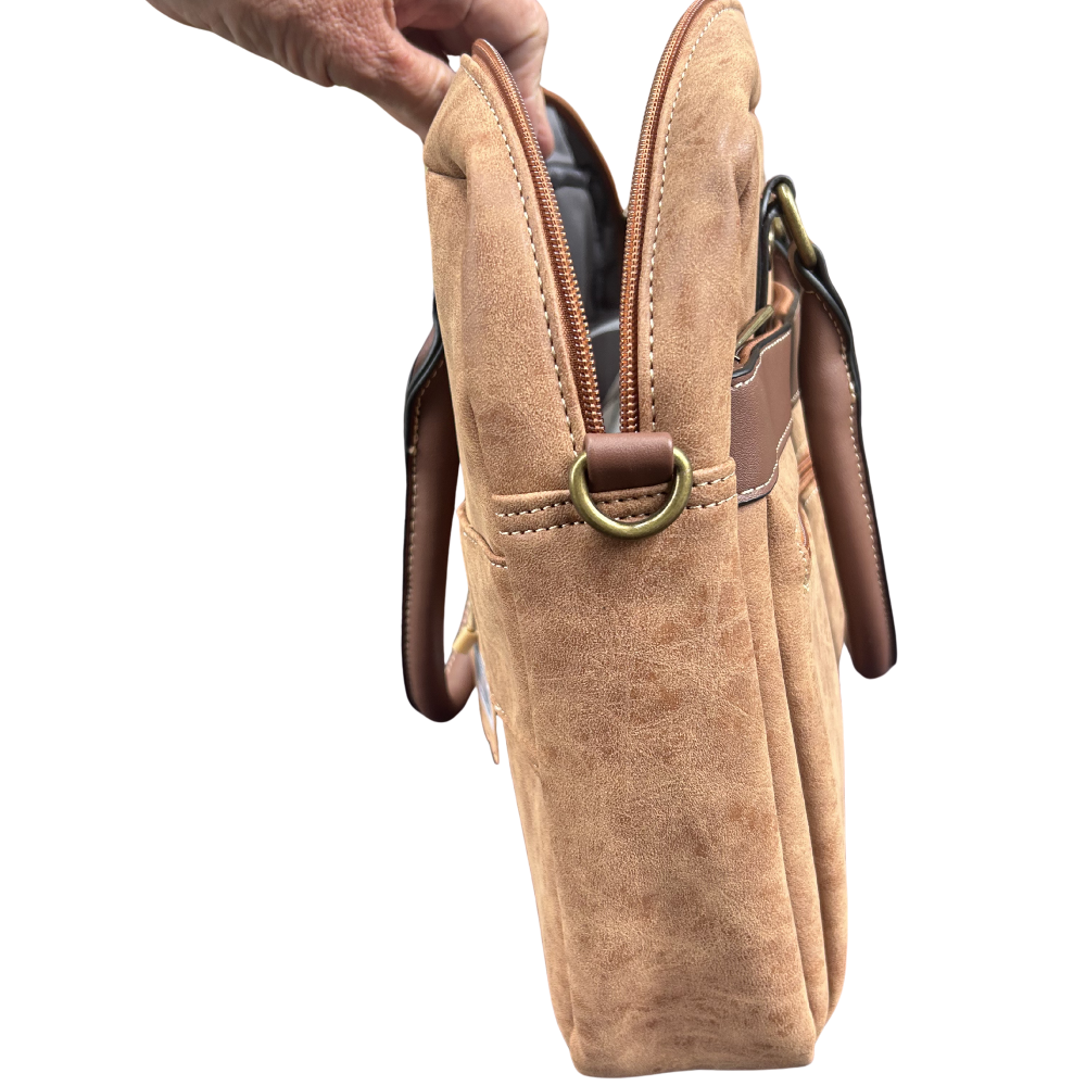 Cotton Road Laptop Bag: BROWN PU Leather with Embossed Protea