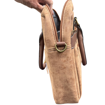 Cotton Road Laptop Bag: BROWN PU Leather with Embossed Protea