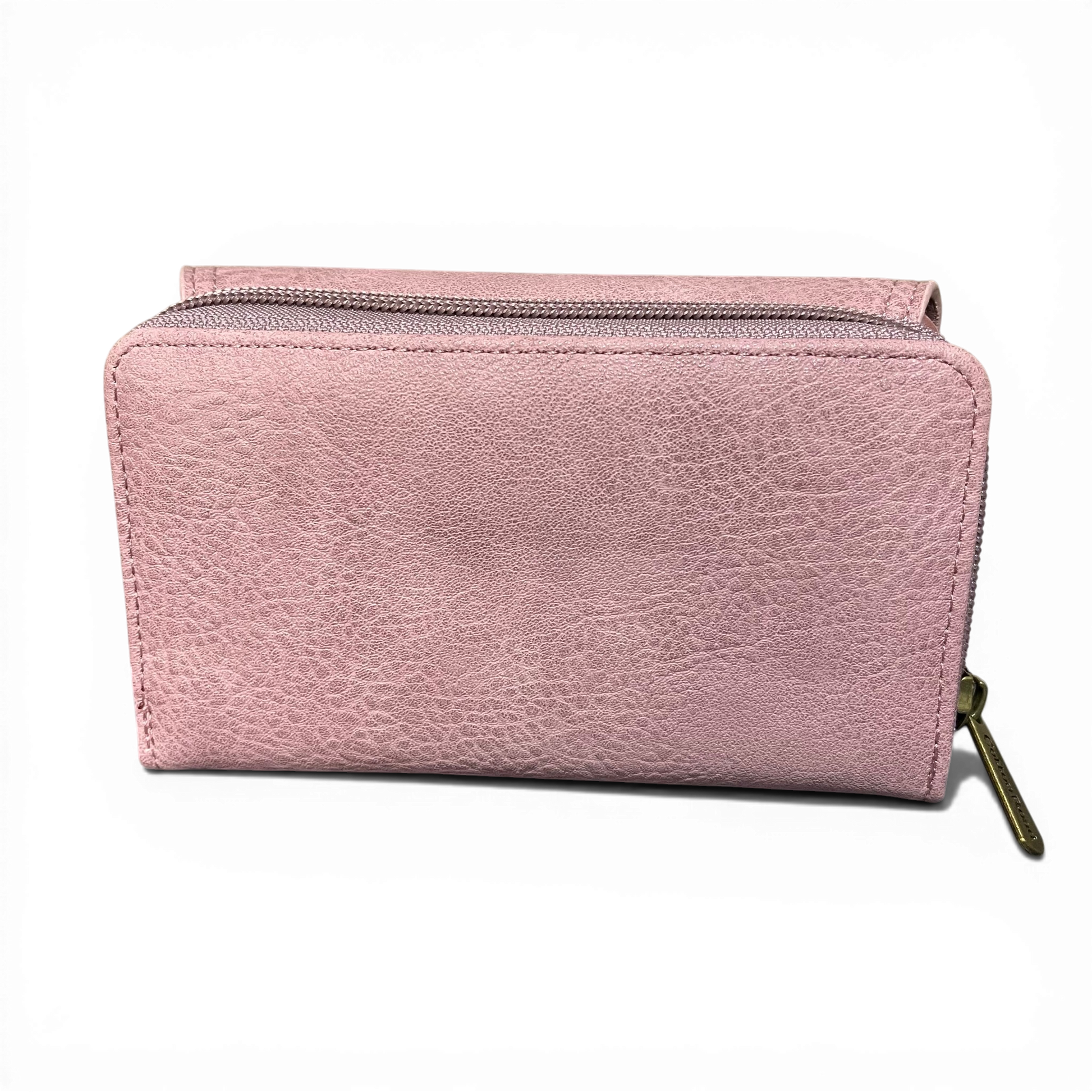Cotton Road Wallet Medium Pink PU Leather with seven card slots, zippered coin compartment, and transparent ID window