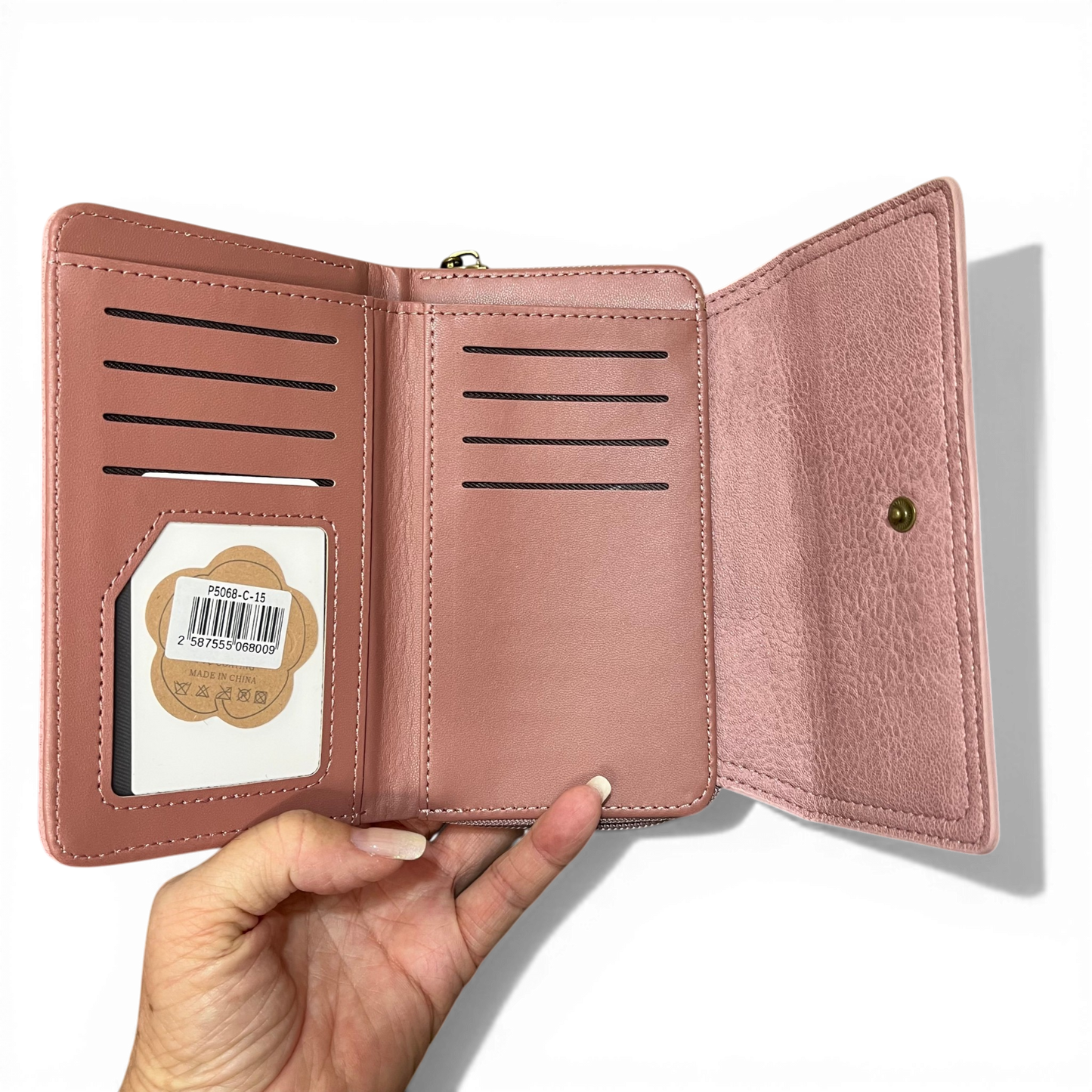 Medium Pink PU Leather Cotton Road Wallet with seven card slots and zippered coin compartment