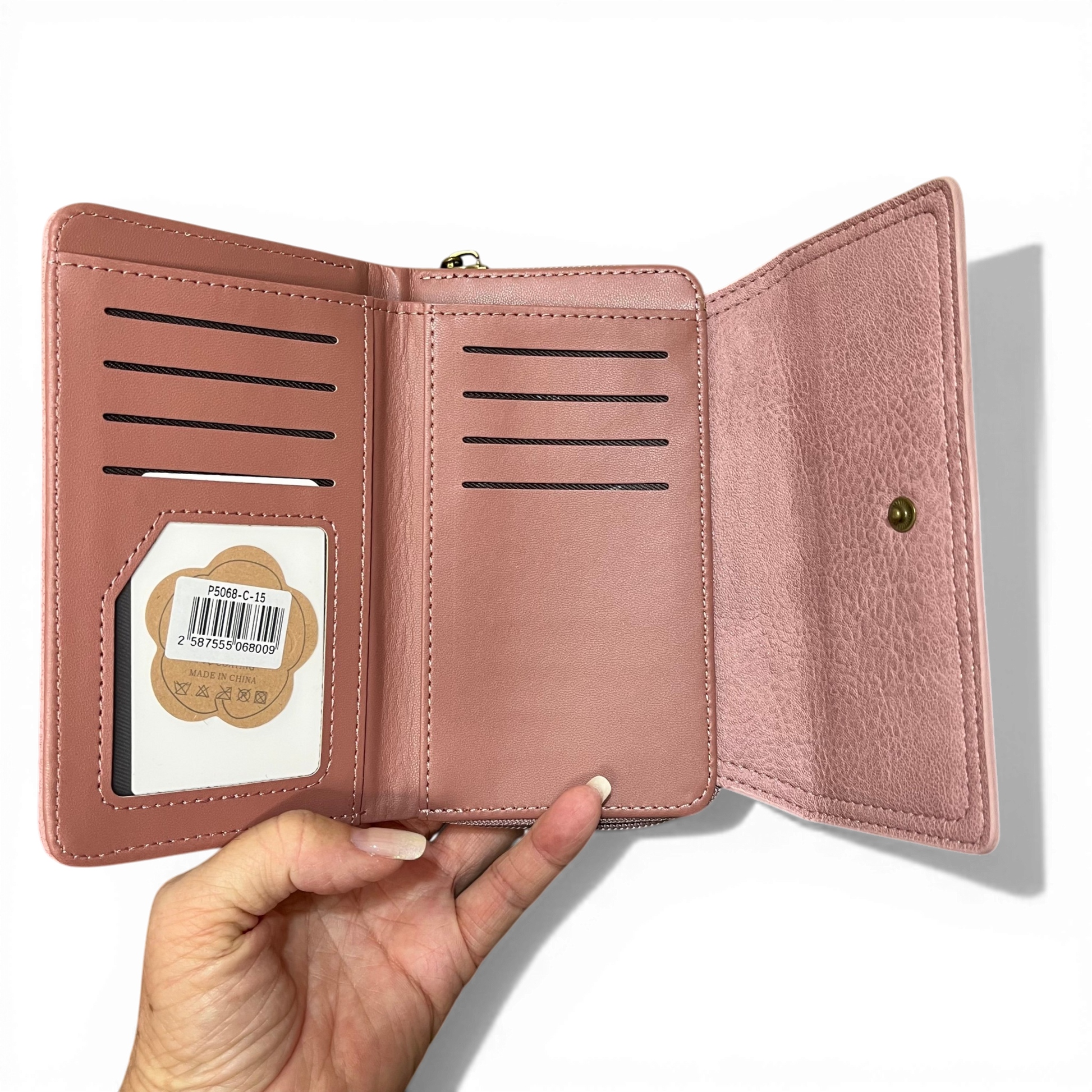 Medium Pink PU Leather Cotton Road Wallet with seven card slots and zippered coin compartment