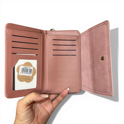 Medium Pink PU Leather Cotton Road Wallet with seven card slots and zippered coin compartment