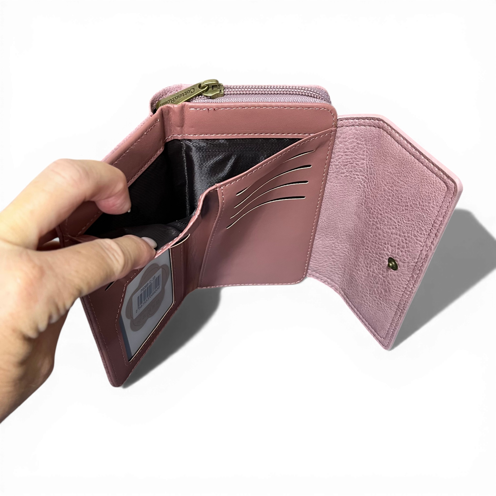Medium pink PU leather Cotton Road Wallet with multiple card slots and zippered coin compartment