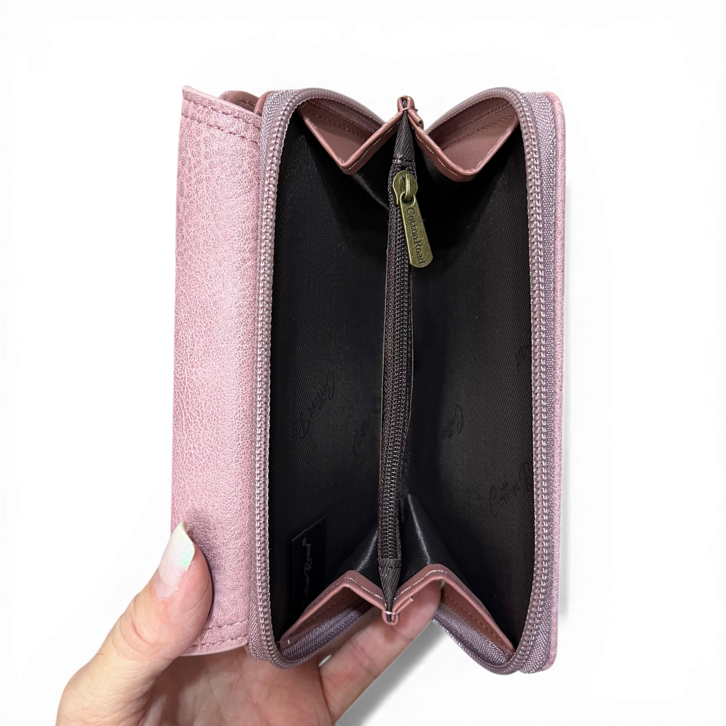 Pink Cotton Road Wallet in medium size made of PU leather with multiple card slots and zippered coin compartment.