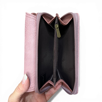 Pink Cotton Road Wallet in medium size made of PU leather with multiple card slots and zippered coin compartment.