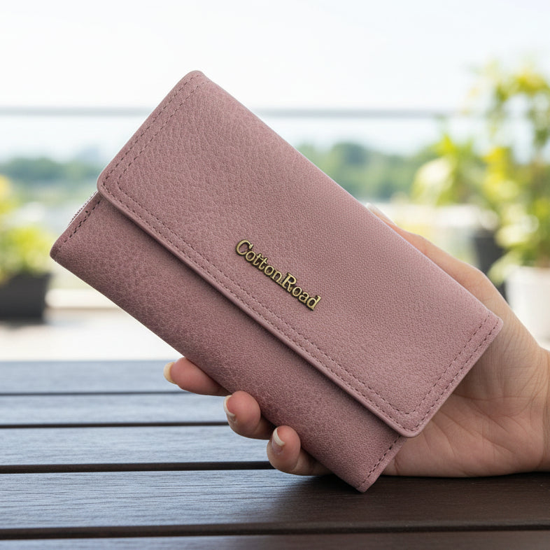 Cotton Road Wallet medium pink PU leather with multiple card slots, zippered coin compartment, and compact design