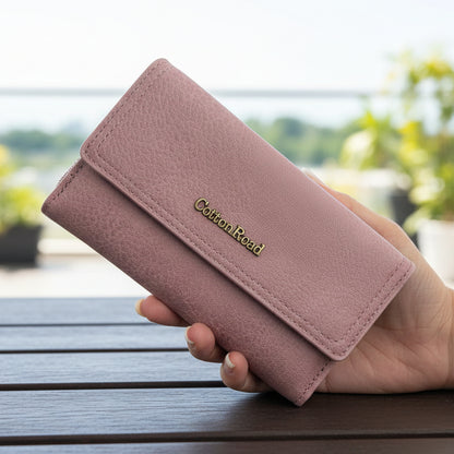 Cotton Road Wallet medium pink PU leather with multiple card slots, zippered coin compartment, and compact design