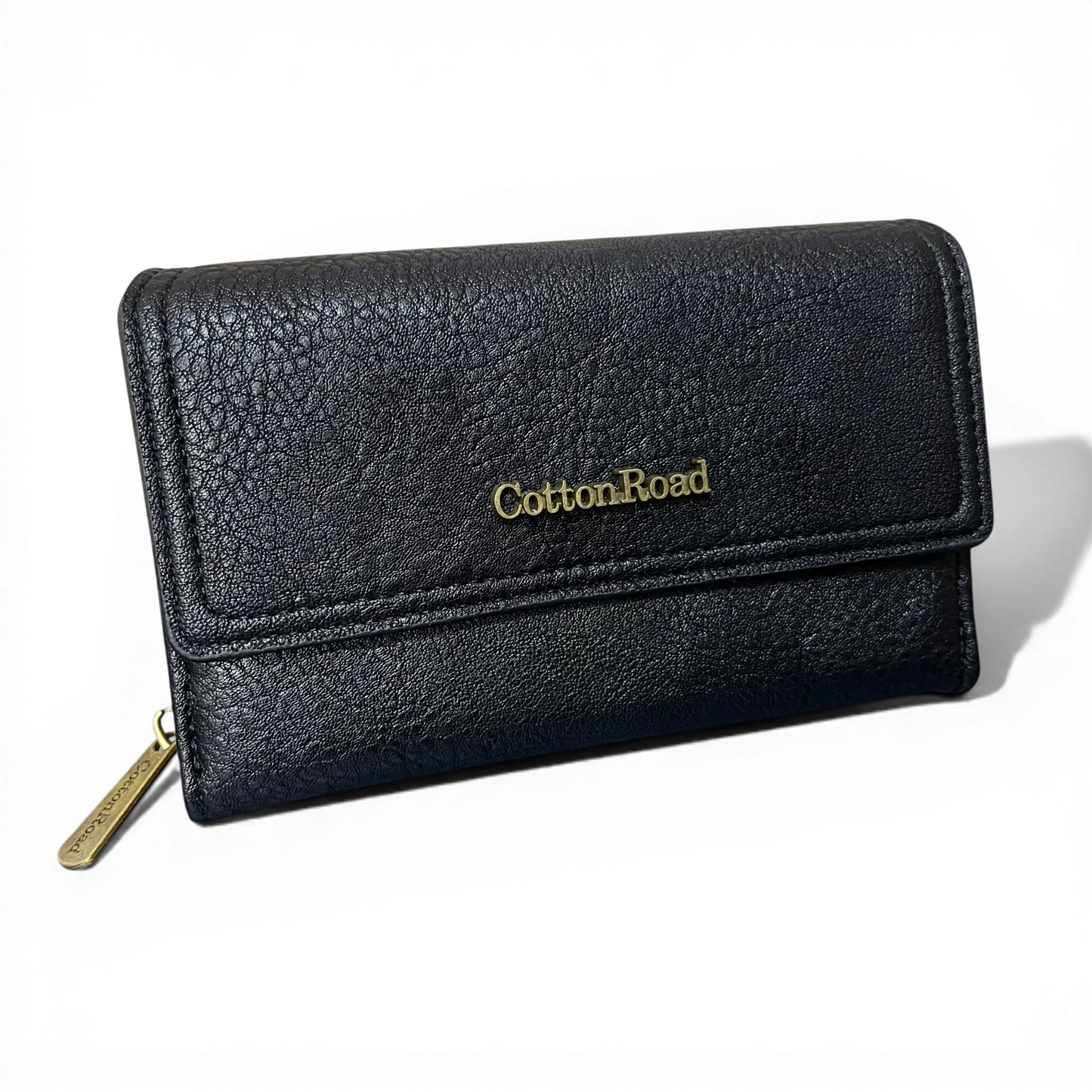 Cotton Road Wallet medium black PU leather with seven card slots and zippered coin compartment