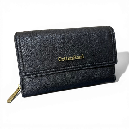 Cotton Road Wallet medium black PU leather with seven card slots and zippered coin compartment