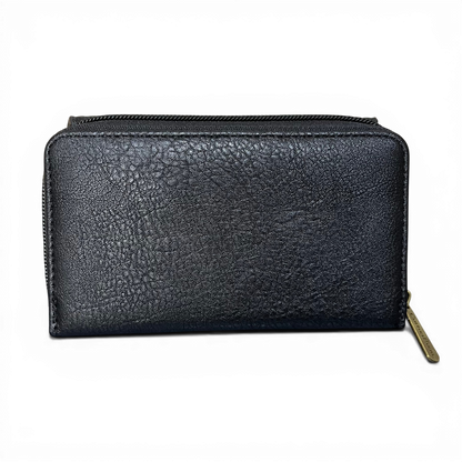 Cotton Road Wallet medium black PU leather with seven card slots, zippered coin compartment, and transparent ID window.